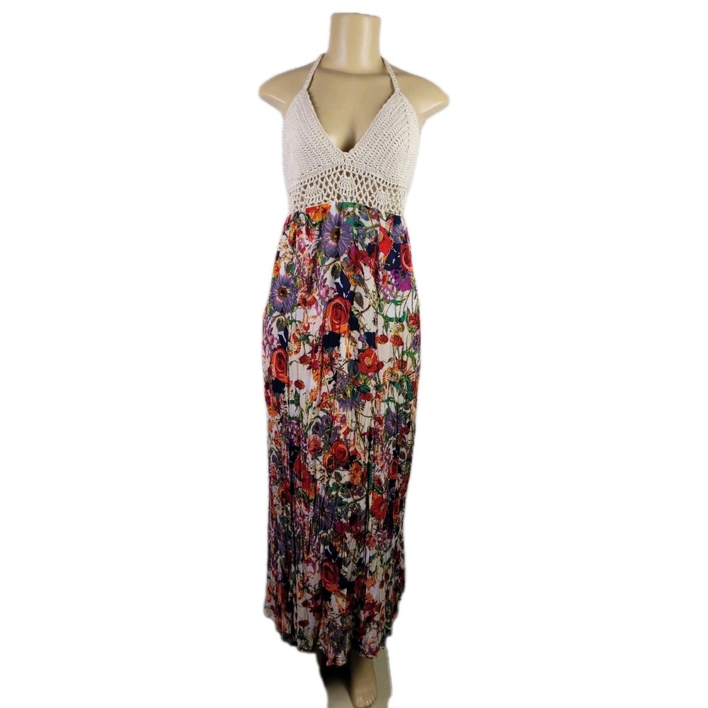 Selfie Couture Floral Crochet Halter Maxi Dress Cream Multi Boho Small Resort